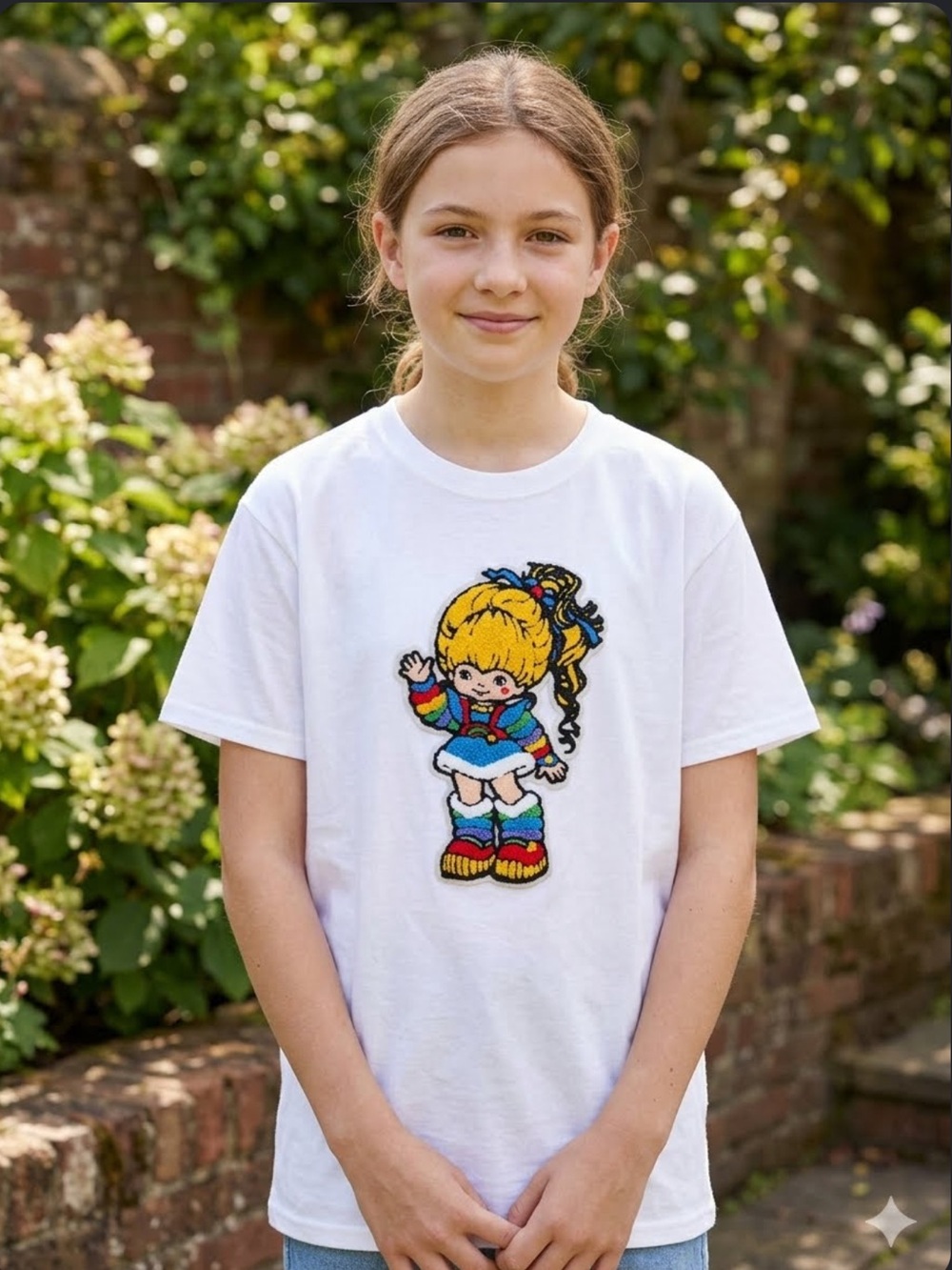 Nostalgic Rainbow Brite t-shirt with a large, vibrant chenille patch youth xl
